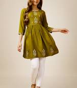 Smart casual rayon fabric mahendi colour sequins work formal wear short kurti