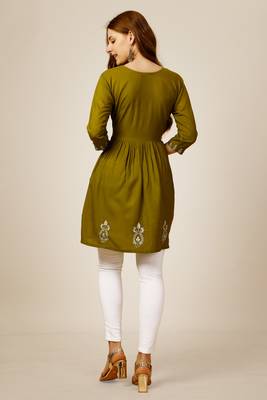 Smart casual rayon fabric mahendi colour sequins work formal wear short kurti 2