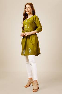 Smart casual rayon fabric mahendi colour sequins work formal wear short kurti 4