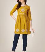 Smart casual rayon fabric mustard colour sequins work formal wear short kurti