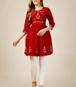 Smart casual rayon fabric red colour sequins work formal wear short kurti