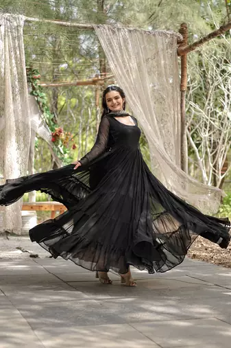 Black colour georgette elegant partywear gown with dupatta