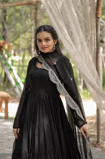 Black colour georgette elegant partywear gown with dupatta