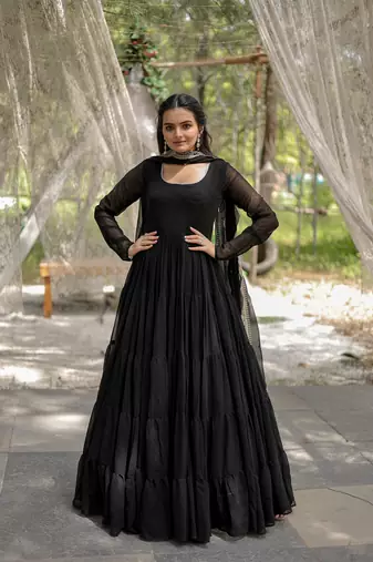 Black colour georgette elegant partywear gown with dupatta