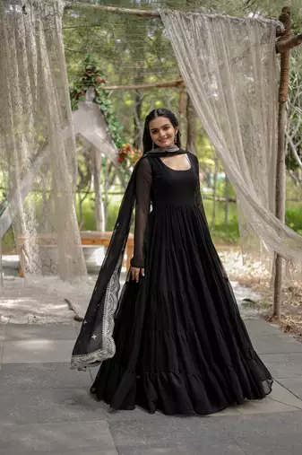 Black colour georgette elegant partywear gown with dupatta