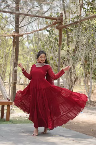 Maroon colour georgette elegant partywear gown with dupatta