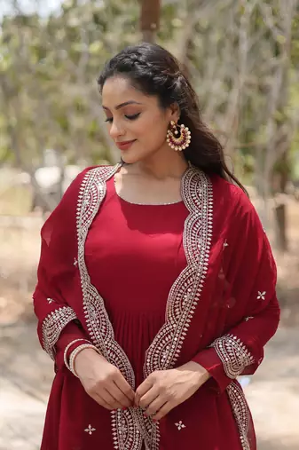 Maroon colour georgette elegant partywear gown with dupatta