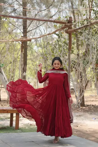 Maroon colour georgette elegant partywear gown with dupatta