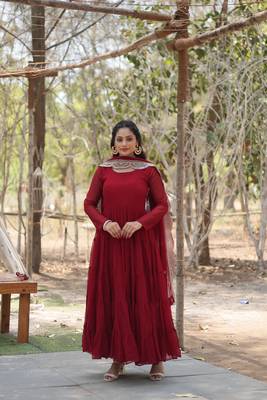 Maroon colour georgette elegant partywear gown with dupatta 5