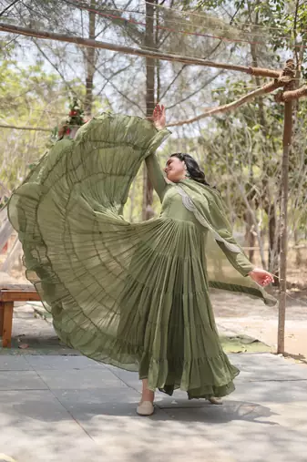 Pista colour georgette elegant partywear gown with dupatta