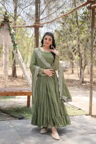 Pista colour georgette elegant partywear gown with dupatta