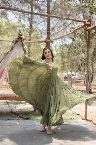 Pista colour georgette elegant partywear gown with dupatta