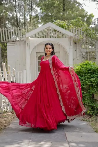 Pink colour georgette elegant partywear gown with dupatta
