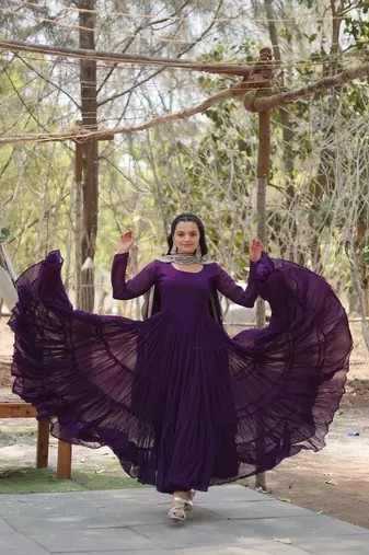 Purple colour georgette elegant partywear gown with dupatta