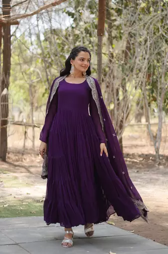Purple colour georgette elegant partywear gown with dupatta