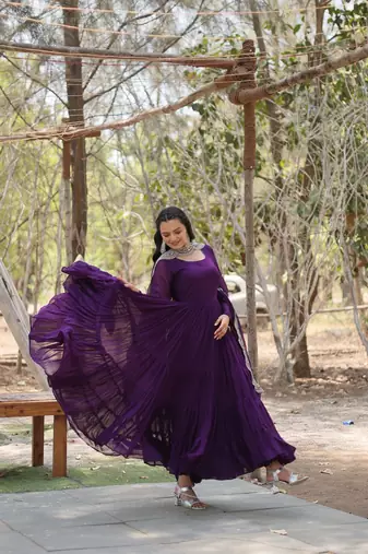 Purple colour georgette elegant partywear gown with dupatta