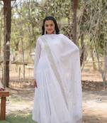 White colour georgette embroidered partywear gown with dupatta
