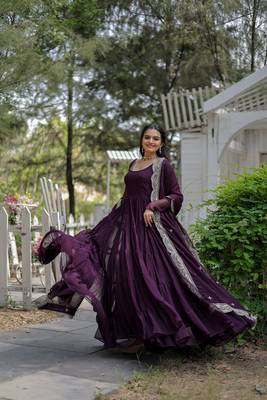 Wine colour georgette elegant partywear gown with dupatta 1