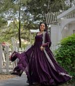 Wine colour georgette fabric elegant partywear gown with dupatta