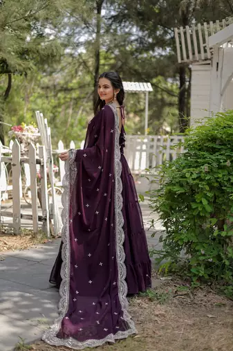 Wine colour georgette elegant partywear gown with dupatta