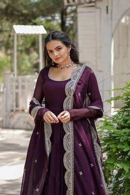 Wine colour georgette elegant partywear gown with dupatta 3