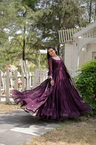 Wine colour georgette elegant partywear gown with dupatta