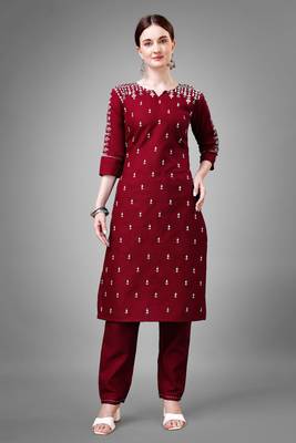 Maroon colour beautiful designer embroidery work readymade kurta bottom set 1