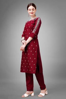 Maroon colour beautiful designer embroidery work readymade kurta bottom set 4
