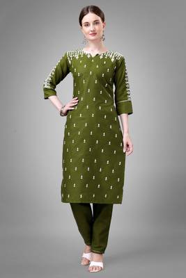Mahendi colour beautiful designer embroidery work readymade kurta bottom set 1