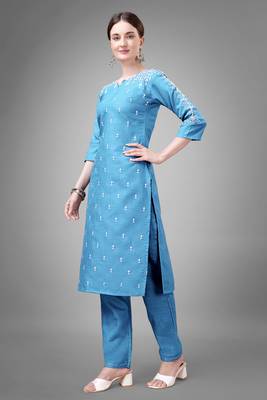 Sky blue colour beautiful designer embroidery work readymade kurta bottom set 4