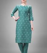 Teal colour beautiful designer embroidery work readymade kurta bottom set