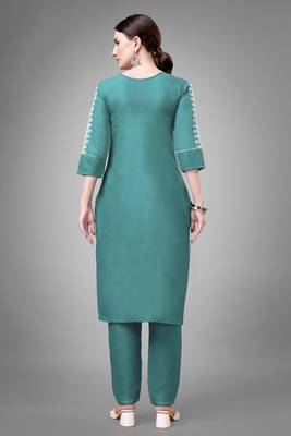 Teal colour beautiful designer embroidery work readymade kurta bottom set 2