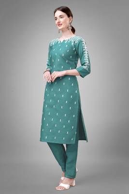 Teal colour beautiful designer embroidery work readymade kurta bottom set 4