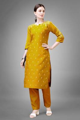 Yellow colour beautiful designer embroidery work readymade kurta bottom set 1