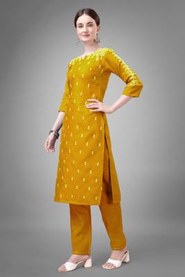 Yellow colour beautiful designer embroidery work readymade kurta bottom set 4