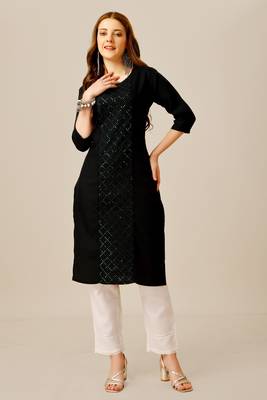 Black colour smart and sober sequins work ethnic office wear cotton fabric kurta set 1
