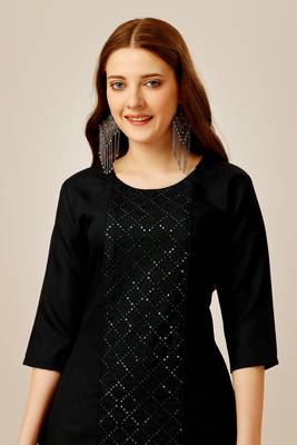 Black colour smart and sober sequins work ethnic office wear cotton fabric kurta set 3