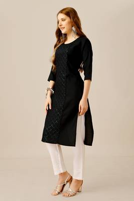 Black colour smart and sober sequins work ethnic office wear cotton fabric kurta set 5