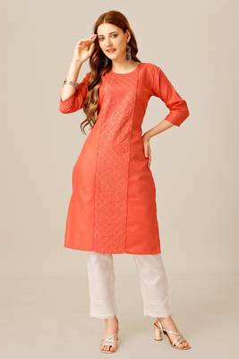 Coral colour smart and sober sequins work ethnic office wear cotton fabric kurta set 1