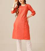 Coral colour smart and sober sequins work ethnic office wear cotton fabric kurta set