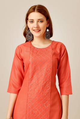 Coral colour smart and sober sequins work ethnic office wear cotton fabric kurta set 3
