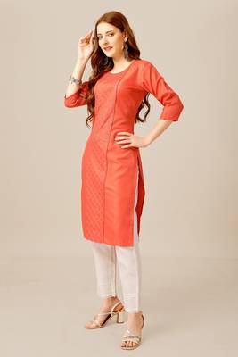 Coral colour smart and sober sequins work ethnic office wear cotton fabric kurta set 5