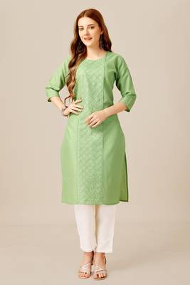 Lime colour smart and sober sequins work ethnic office wear cotton fabric kurta set 1