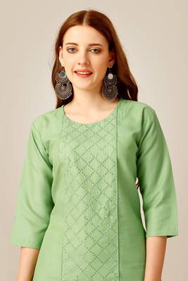 Lime colour smart and sober sequins work ethnic office wear cotton fabric kurta set 3
