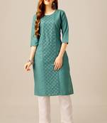 Teal colour smart and sober sequins work ethnic office wear cotton fabric kurta set