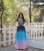 Blue colour desginer partywear georgette fabric heavy sequins embroidered wedding wear gown