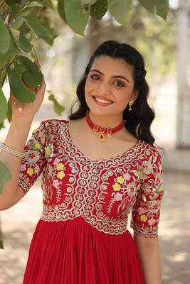 Red colour desginer partywear georgette fabric heavy sequins embroidered wedding wear gown 3