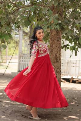 Red colour desginer partywear georgette fabric heavy sequins embroidered wedding wear gown 4