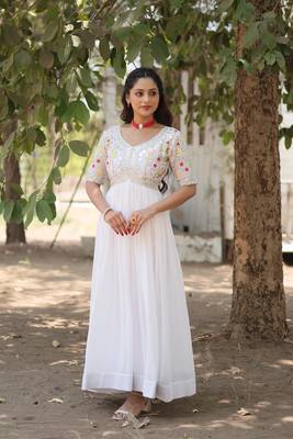 White colour desginer partywear georgette fabric heavy sequins embroidered wedding wear gown 1