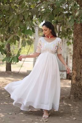 White colour desginer partywear georgette fabric heavy sequins embroidered wedding wear gown 4